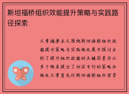 斯坦福桥组织效能提升策略与实践路径探索