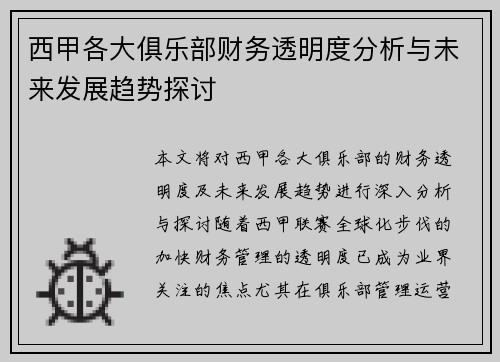 西甲各大俱乐部财务透明度分析与未来发展趋势探讨